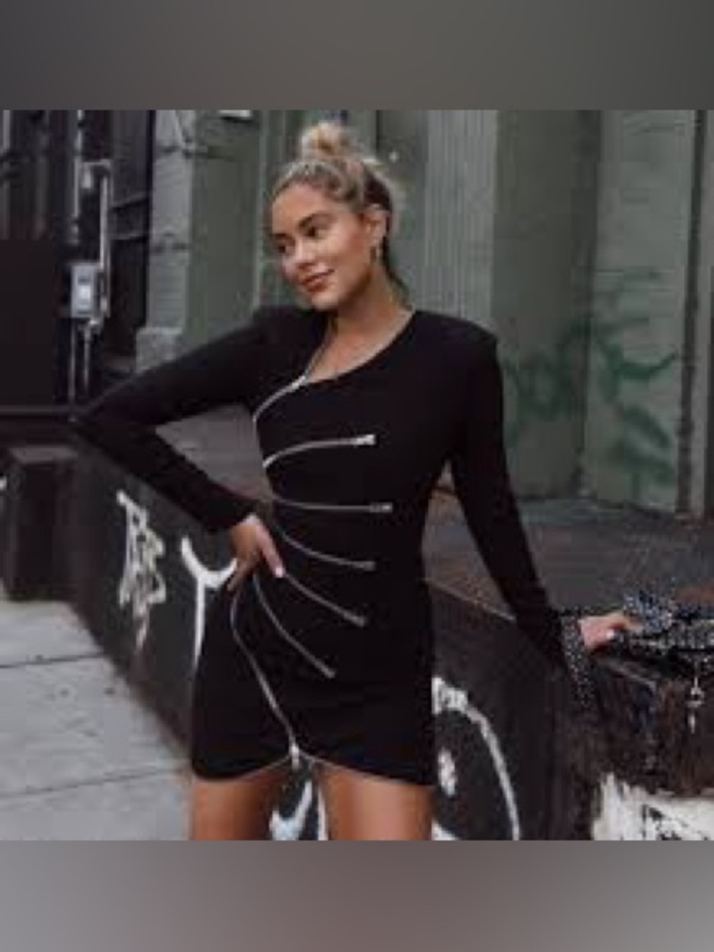 Black Long-Sleeve Mini Dress with Asymmetric Zipper Detail M